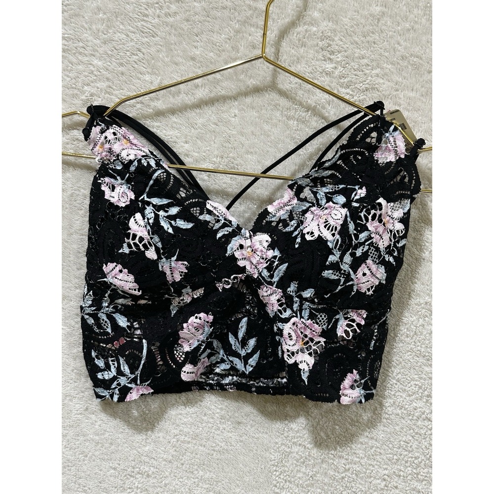 NWT Victoria's Secret Pink Size Small Black Floral Print Bralette Removable Pads